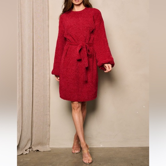 Dresses & Skirts - Burgundy Long Sleeve Self Tie Mini Dress